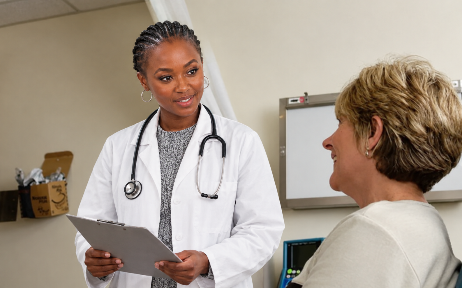 Female doctor talking to patient during medical consultation in Yoshie Medical Center