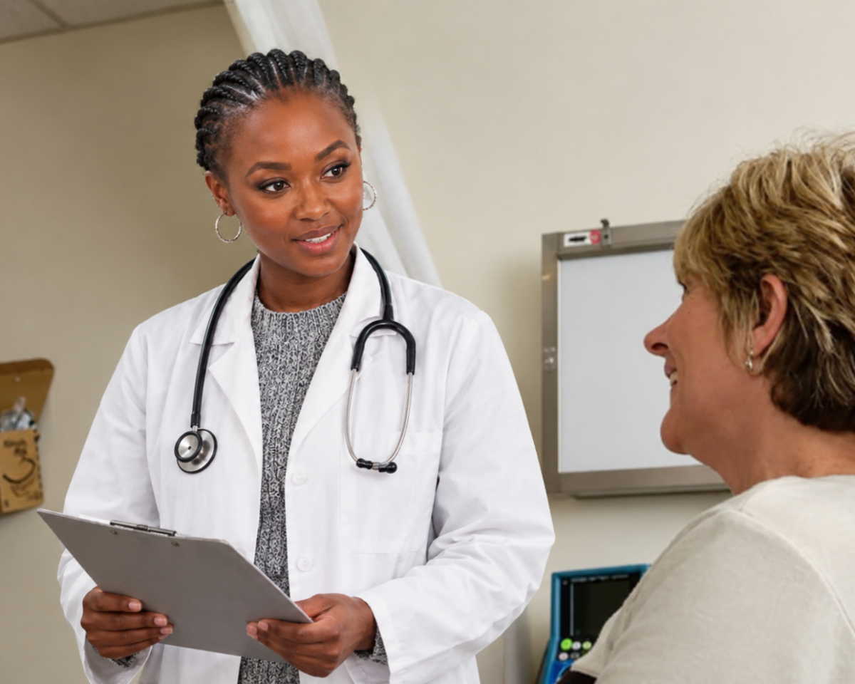 A physician going over results with a patient in an exam room