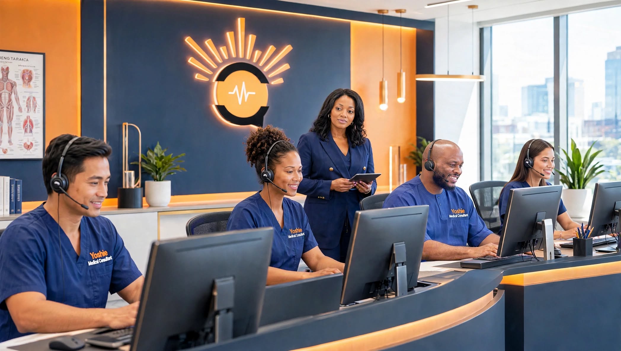 Professional healthcare call center team working at computers with a medical consultant supervising in a modern office
